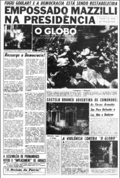 Capa do jornal O Globo, celebrando o "ressurgimento da democracia", um dia após o Golpe Militar.
