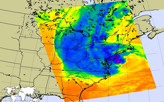 Infrared image of Hurricane Sandy, another weather front to the west and cold air coming down from Canada at 2:17 p.m. EDT Oct. 29. The hurricane center is the darkest