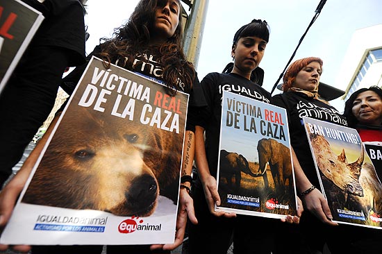 Ativistas da ONG Igualdad Animal protestam em frente ao hospital onde o rei Juan Carlos se recupera. Os cartazes mostram fotos de animais com os dizeres "estas são as verdadeiras vítimas da caça"