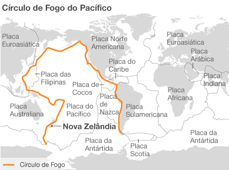 Mapa do Círculo de Fogo do Pacífico (ou Anel de Fogo)